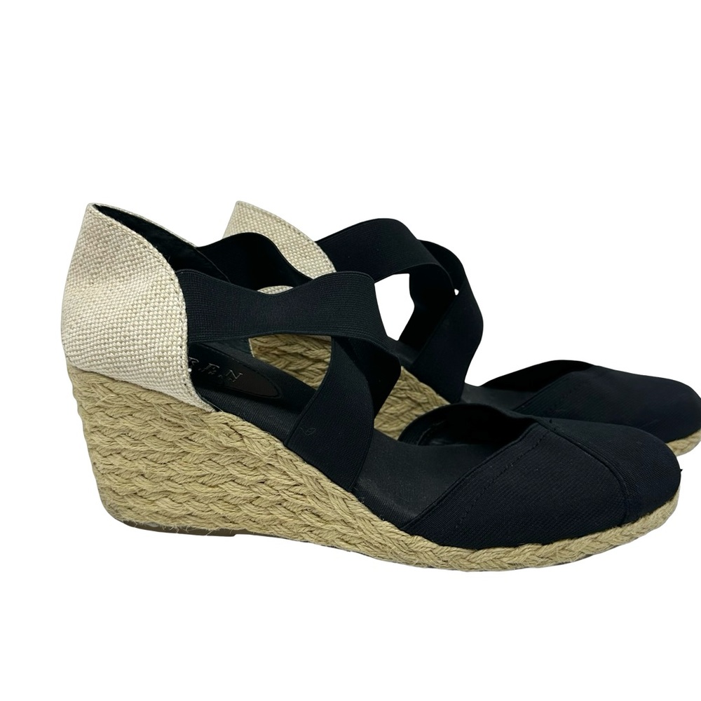 Lauren Ralph Lauren Black Elastic Collins Espadrille Wedge Sandals Size 11